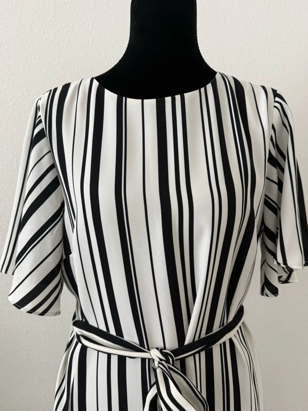 H&M Black and White Vertical Stripe Tie-Waist Mini Dress